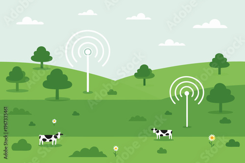 Pastoral scene with wireless signals and grazing cows in a green field