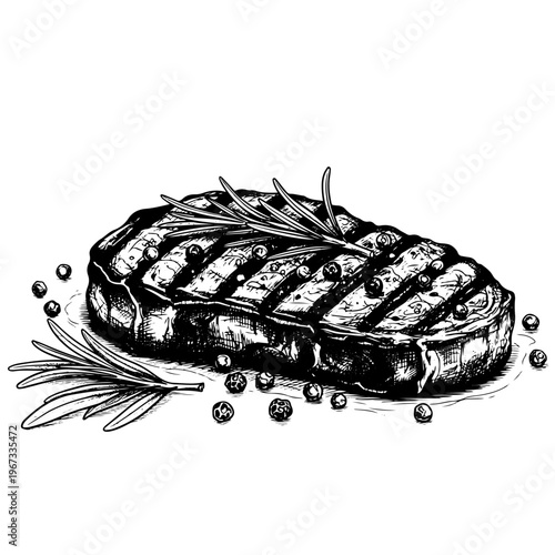 Detailed hand drawn vintage engraving of a grilled beef steak garnished with rosemary and peppercorns for premium restaurant menu gourmet cooking and meat shop branding vector illustration designs.