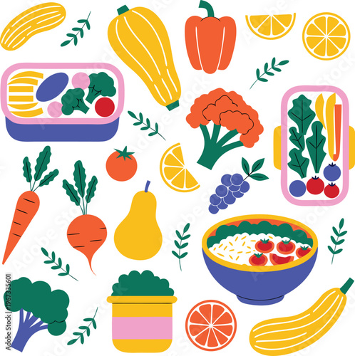 Healthy food flat lay vector illustration, colorful vegetables, fruits, lunch boxes, nutrition concept, meal prep design.
