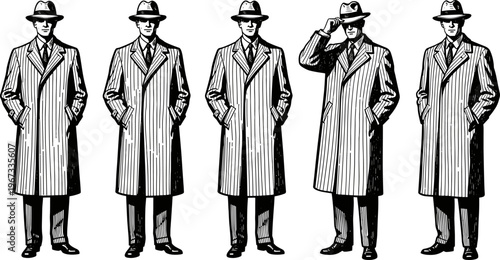 Detective silhouettes in striped overcoat, fedora hat, noir fashion style, tipping hat gesture, vintage mystery character illustration, classic mid‑20th century design concept