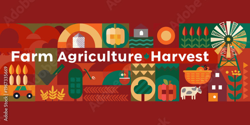 Colorful flat lay illustration depicting farm life agriculture and harvest themes