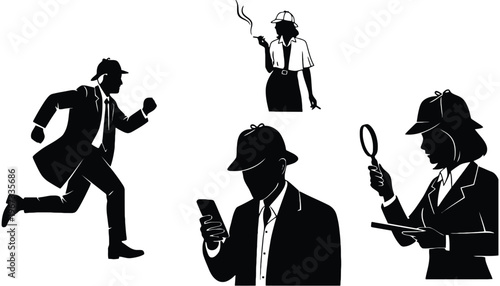 Detective silhouette vector icons set for investigation and crime scene analysis