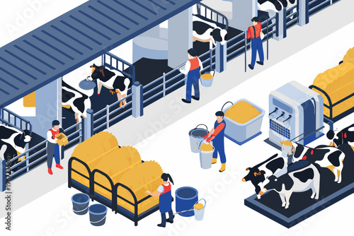 Isometric illustration of a modern dairy farm with workers and cows