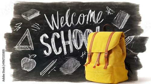Welcome Sign for New School Year With School Supplies and Symbols on Chalkboa...