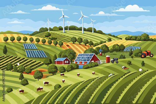 A vibrant countryside scene featuring wind turbines solar panels and farmland