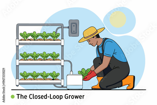 A farmer tending to a vertical hydroponic garden indoors