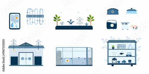Colorful illustration of hydroponics aquaponics and indoor farming elements