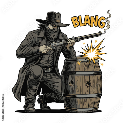 Wild West outlaw cowboy shooting a rifle while hiding behind a wooden barrel vector illustration.