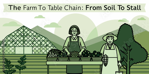 Illustration depicts the farm to table process with farmers and produce