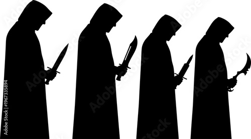 Tableau sur toile Hooded figures holding knives, weapon silhouettes, dagger and blade designs, cur