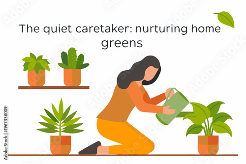 Woman watering indoor plants creating a nurturing home environment