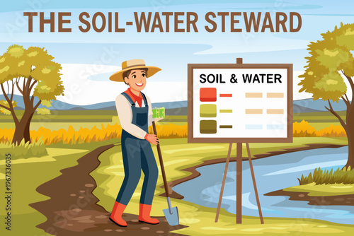 A steward presents soil and water conservation information outdoors