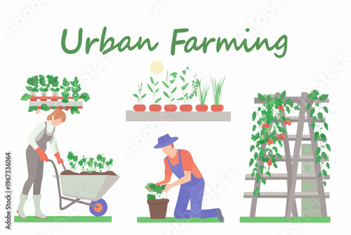 Illustration depicting people gardening in an urban farming environment