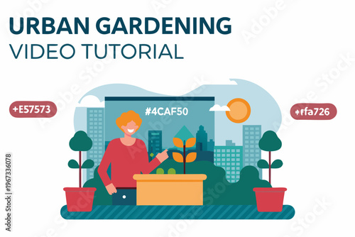 Illustration promoting an urban gardening video tutorial with a woman tending plants