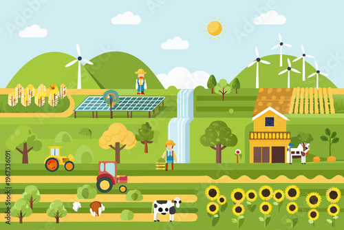 A vibrant cartoon farm landscape with renewable energy sources