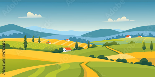 Rolling hills and picturesque countryside scene with distant mountains