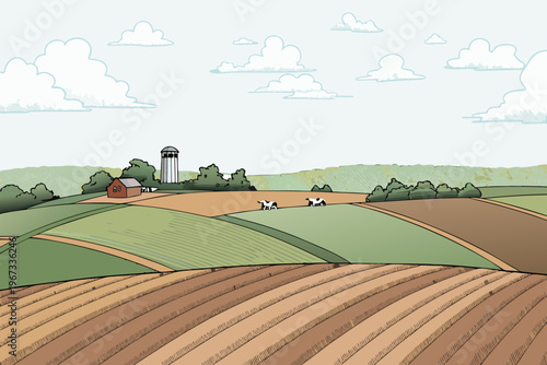 Peaceful farmland scene featuring cows a silo and rolling green hills