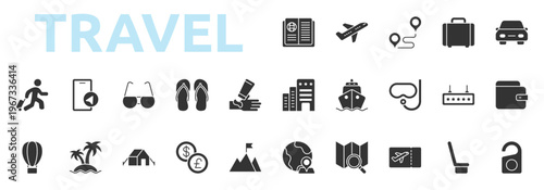 Travel icon glyph style with passport, airplane, route, suitcase, car rental, hotel, cruise, snorkeling icons