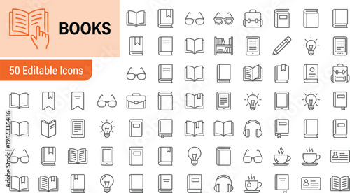 A collection of 50 editable book icons in line style