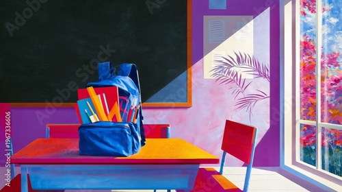 Backpack With School Supplies Placed on Table in Classroom Setting With Chalk...