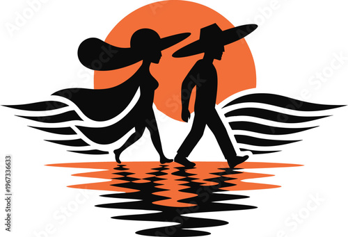 Couple walking on beach at sunset silhouette ocean waves and reflection romantic scene people outdoor.