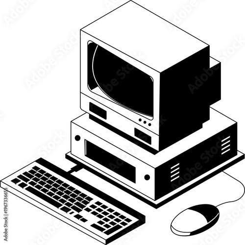Retro desktop computer with keyboard and mouse isolated on transparent background