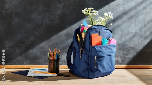 School Backpack With Supplies and an Apple on a Desk in a Classroom Setting