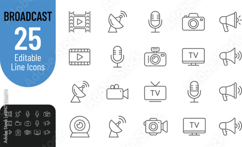 Broadcast icons set including editable line icons for media and communication