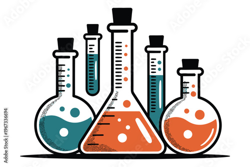 Chemistry lab glassware set with test tubes and flasks filled with colorful orange and blue liquid on transparent background science kit