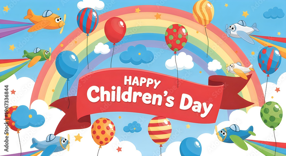 Naklejka premium Happy Children's Day Celebration with Colorful Balloons and Cartoons illustration