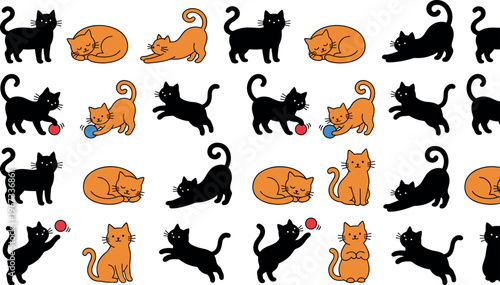 Cute Cats Playing with Balls and Relaxing Collection in Black and Orange Colors for Pet, Animal, and Cartoon Designs