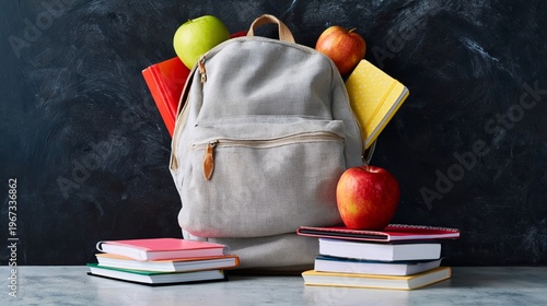 Desk With Backpack, Books, and Pencils in Classroom During Morning Light