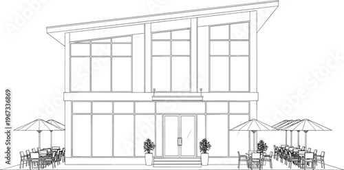 Modern restaurant cafe building exterior vector line art with outdoor patio seating area umbrellas and contemporary glass facade