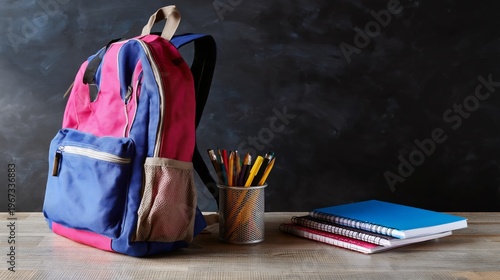 School Backpack With Stationery and Notebooks on a Wooden Table in a Classroo...