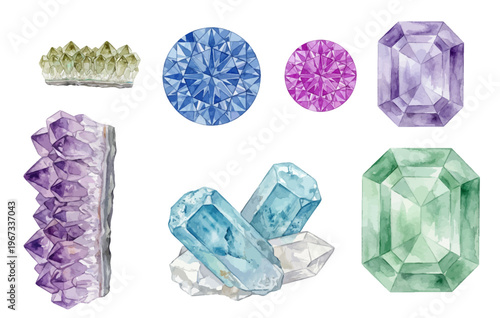 Colorful watercolor crystals and gemstones isolated on transparent background.