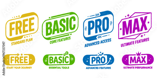 Collection of membership plan badges free basic pro max with various slogans.