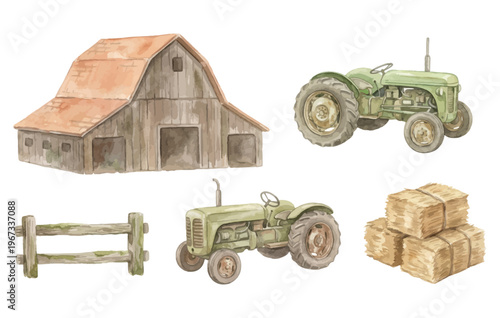Farm scene with barn, tractors, fence, and hay bales.