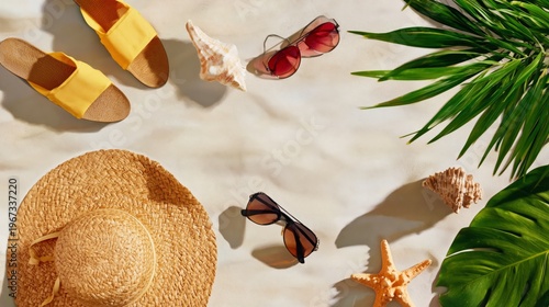 Summer Items on a Sandy Surface With Plants and Shells in Bright Sunlight