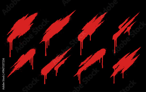 Red graffiti spray paint claw scratch marks with dripping effect set.