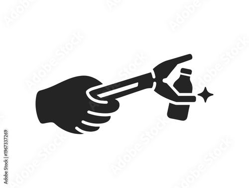 Hand using litter grabber to pick up bottle in street. volunteer cleanup, community clean street action, waste collection, public hygiene, environmental care. flat vector illustration.