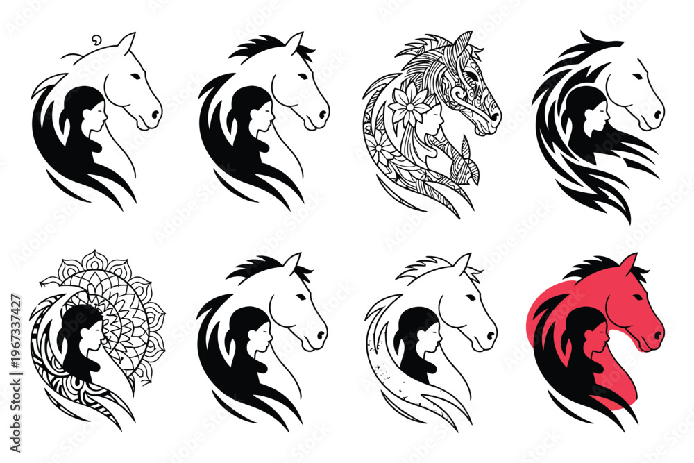 Obraz premium Horse and woman silhouette logo set bundle equine profile girl face profile portrait minimal style line art animal and human connection