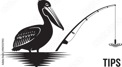 Black pelican standing in water with fishing rod bird