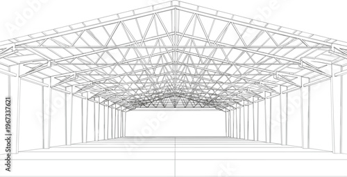 Industrial warehouse interior steel roof truss structure vector illustration with perspective view of large empty storage hangar building