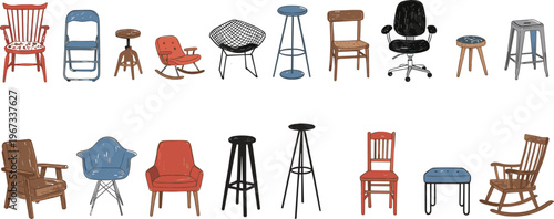 Collection of illustrated chairs and stools, modern seating designs, wooden rocking chair, office chair, bar stool, cushioned armchair, furniture variety, ergonomic styles