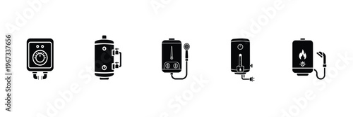 Water heater icon set. Electric and gas boiler, tankless system, heating appliance silhouette vector