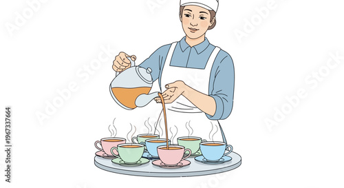Woman pouring tea into colorful cups.