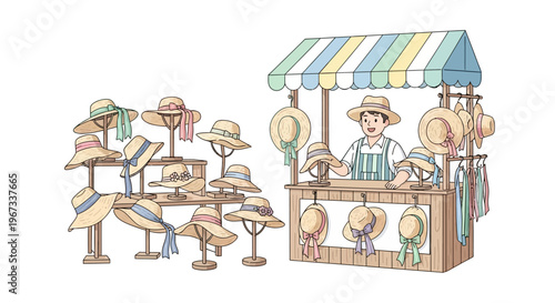 Man selling hats at outdoor stand.