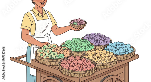 Man holding colorful candy in baskets.