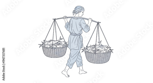 Man carrying baskets on shoulder pole.