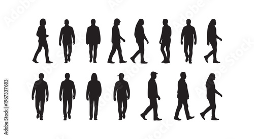 Silhouette of people walking in different directions on white background isolated on transparent background